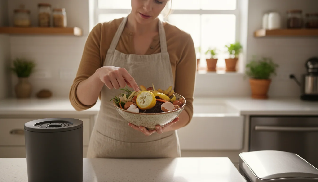 Person sorting kitchen scraps, noting a lemon rind among vegetable peels, next to an indoor worm bin.