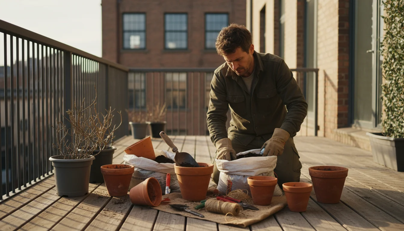 A person sorts through gardening tools and pots on a cluttered balcony patio, surrounded by dormant container plants in warm, late afternoon light.