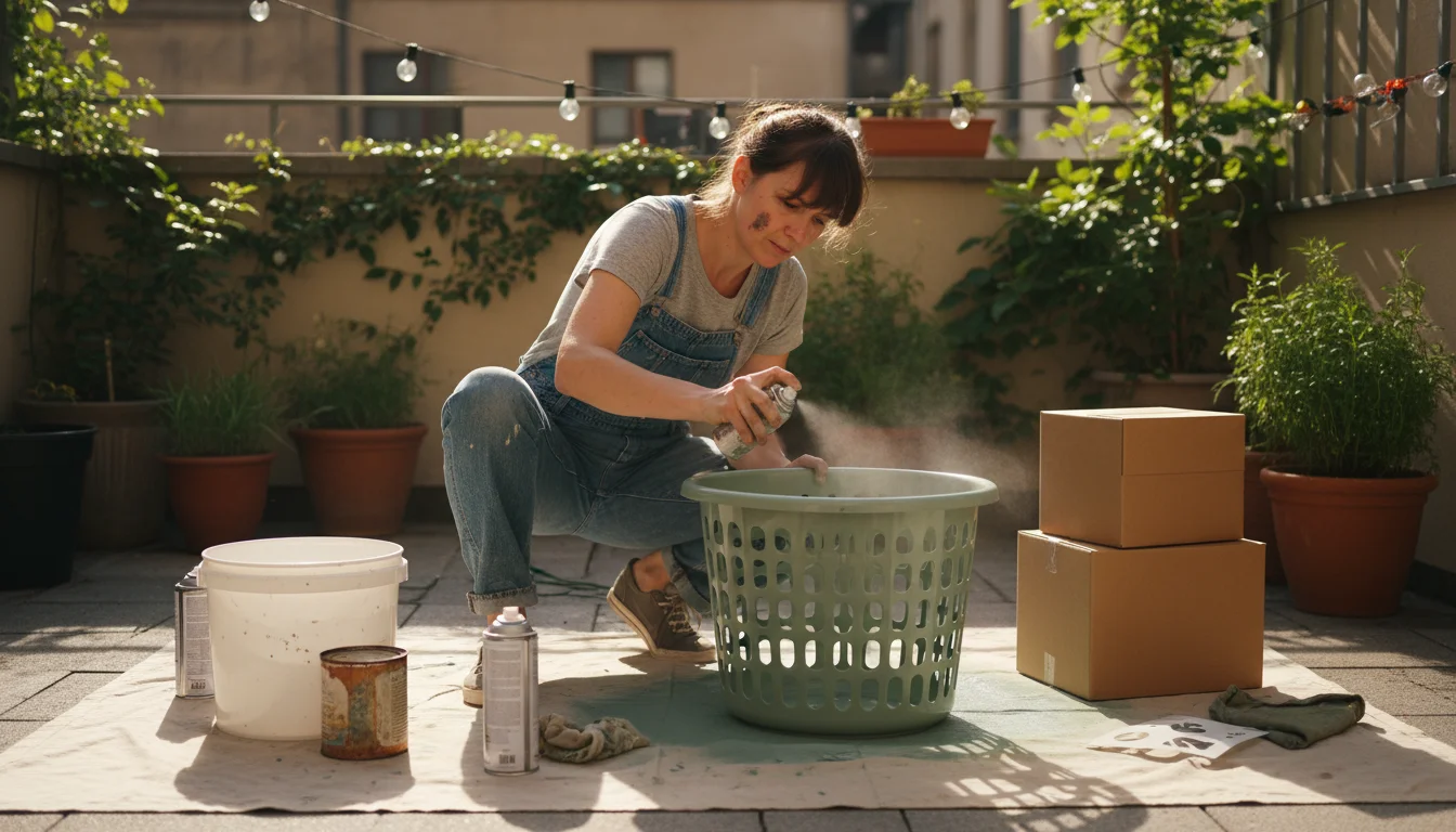 Person spray-painting an old plastic laundry basket on a patio, surrounded by other budget-friendly containers awaiting transformation.