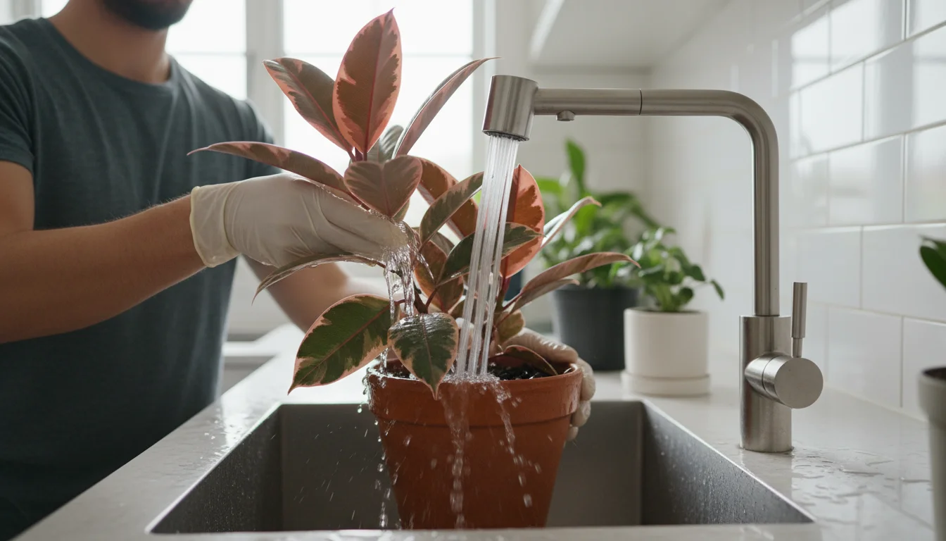 Person carefully spraying water onto the leaves and undersides of a potted Ficus plant in a modern kitchen sink.