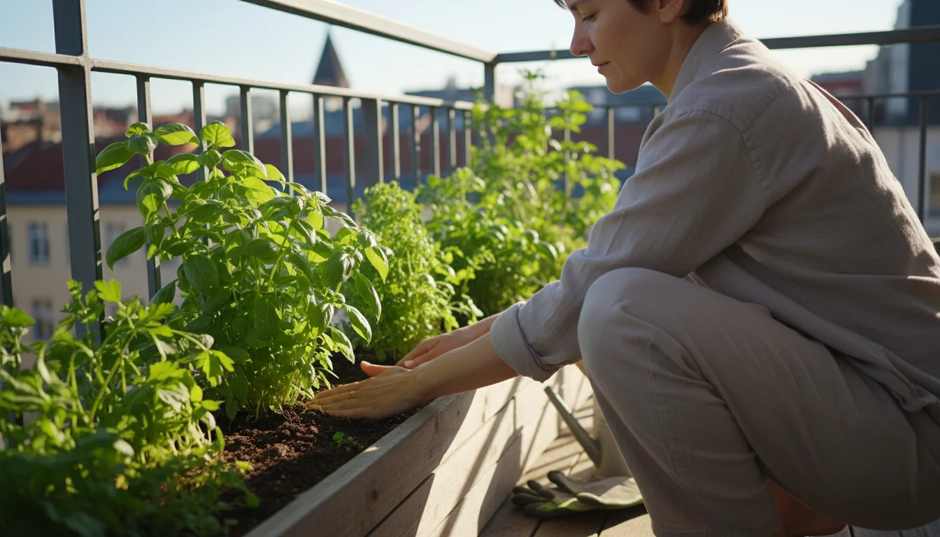 Person squatting on a balcony, observing herbs in a planter box, surrounded by other container plants in warm late afternoon light.