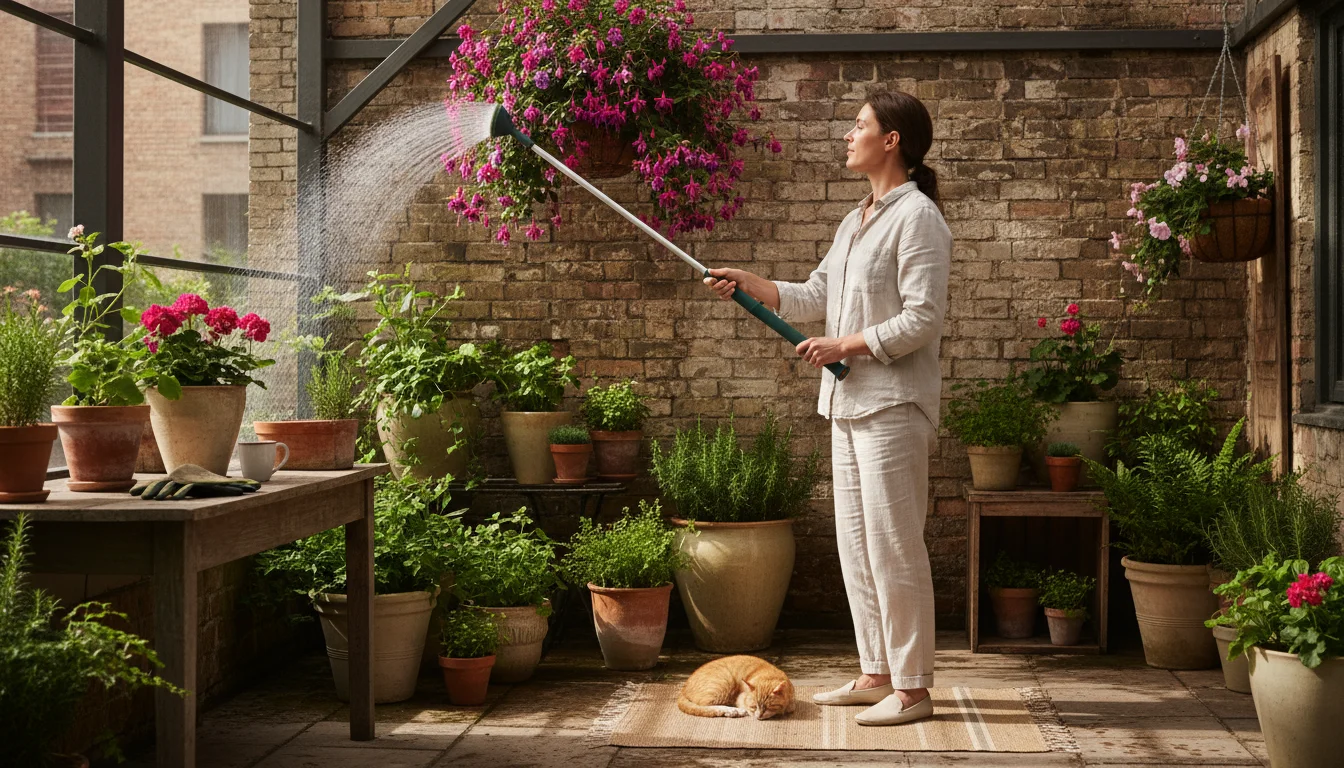 Person standing comfortably on a small patio, using a long watering wand to gently shower a hanging fuchsia basket.