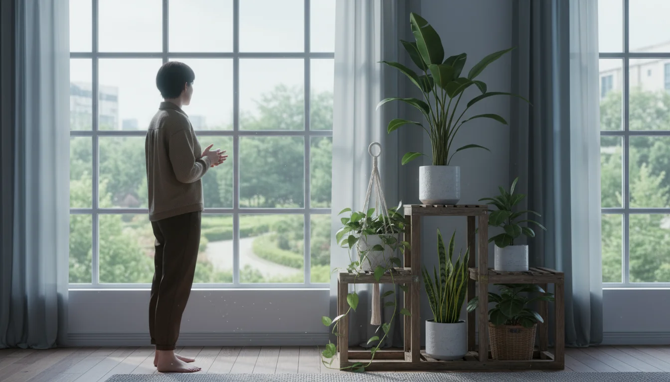Person standing by a window, thoughtfully observing a diverse collection of potted houseplants on a wooden stand, bathed in soft winter sunlight.