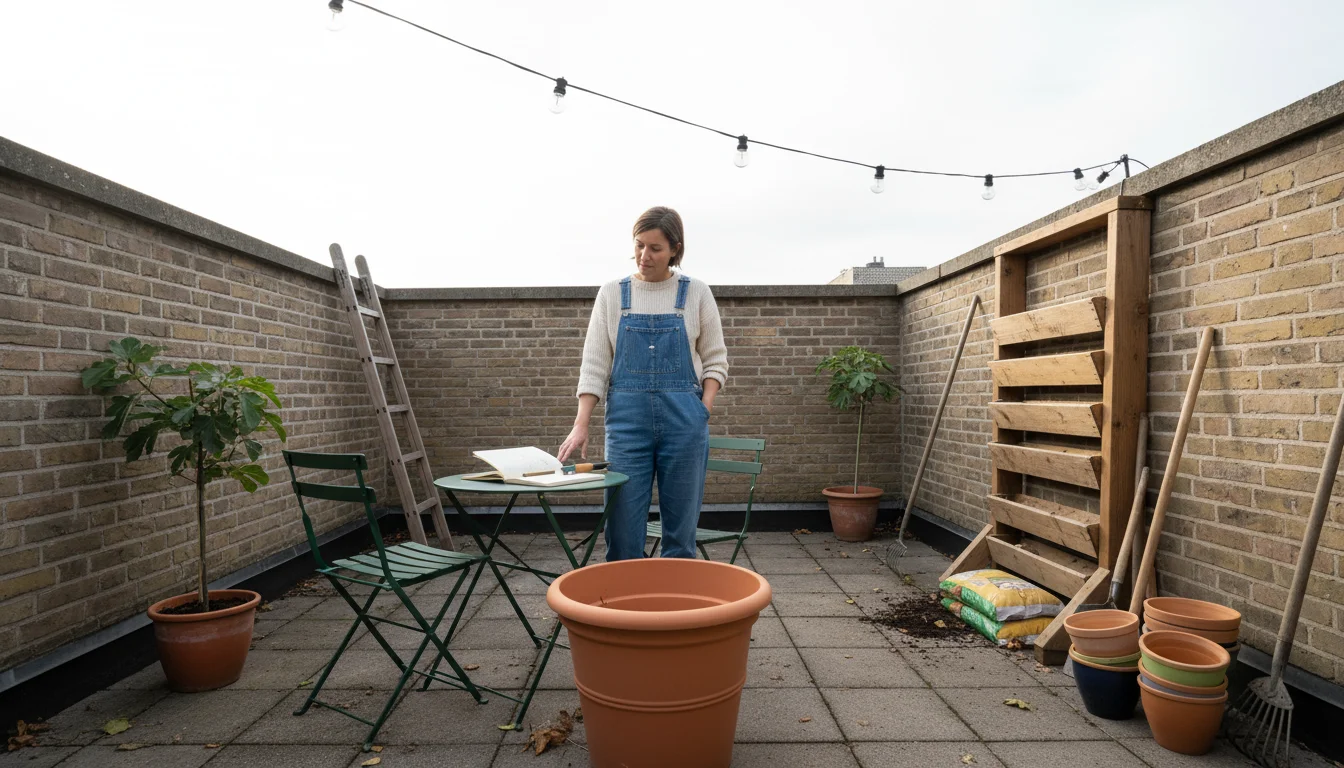 A person stands contemplatively on a compact urban patio, holding a notebook amidst various pots, a vertical herb garden, and a small bistro set, envi
