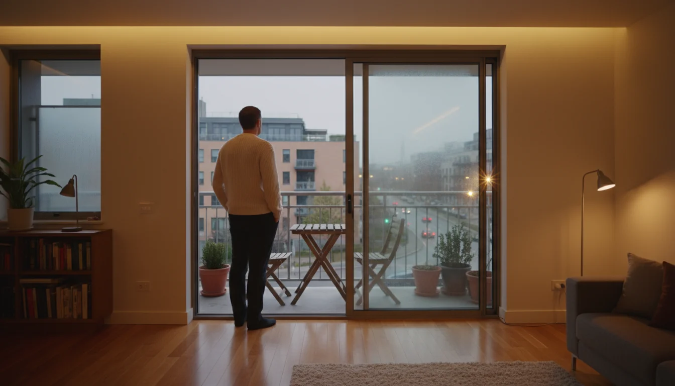 Person stands inside, looking out through an open sliding door at various potted plants on a small urban balcony under an overcast sky.