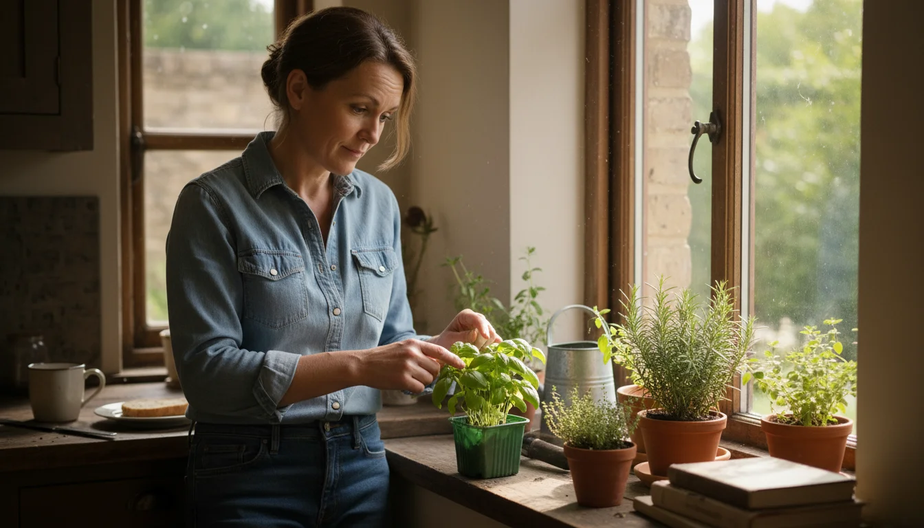 A person stands by a kitchen windowsill, thoughtfully observing a small basil plant among other container herbs.