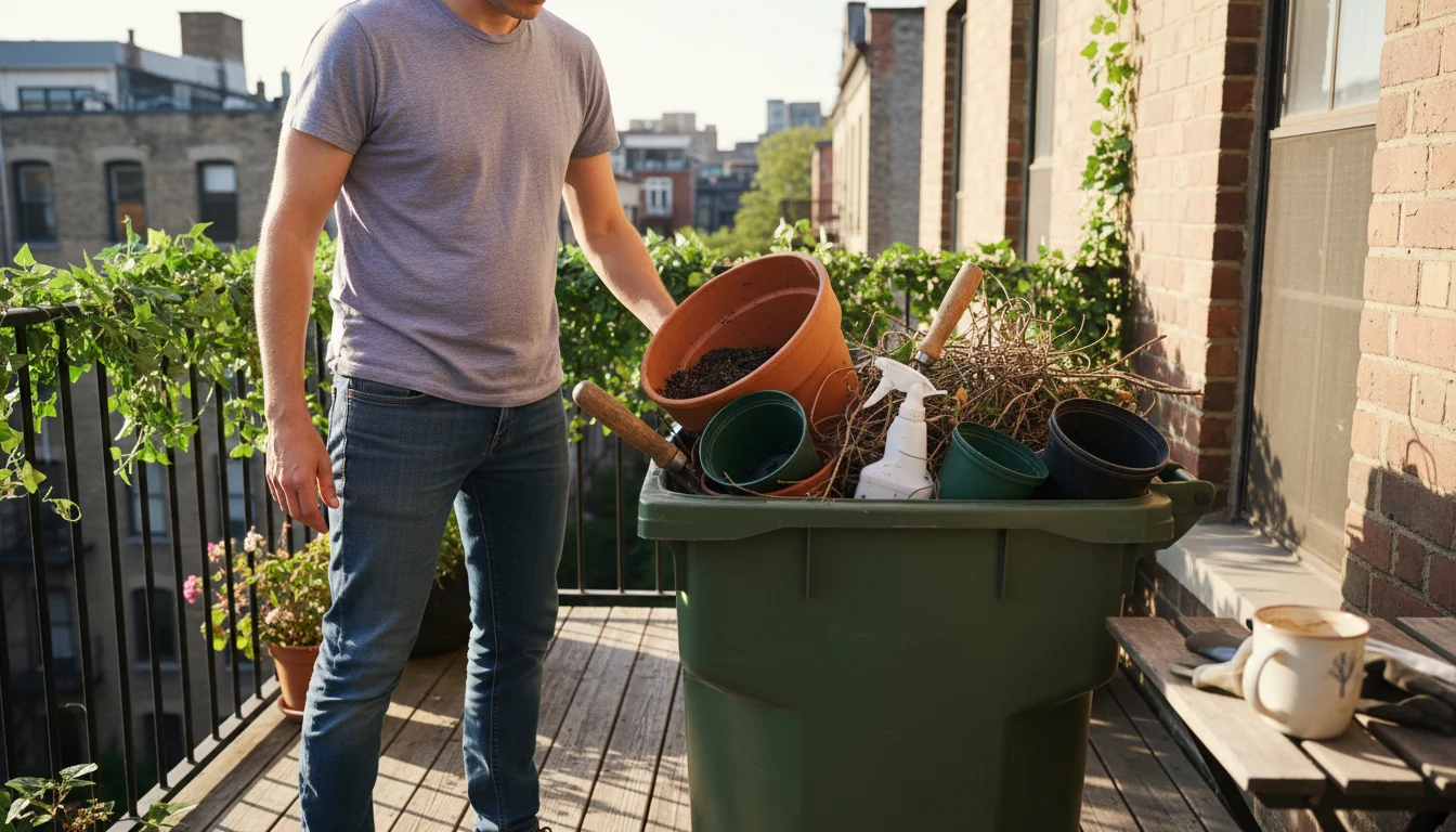 A person stands on a small urban balcony, discarding broken gardening tools and cracked pots into a recycling bin.