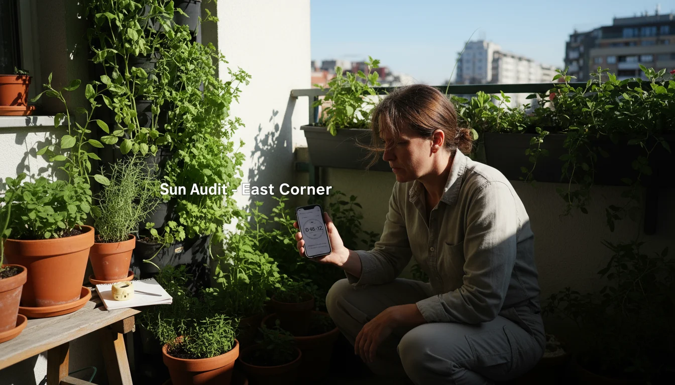 A person stands on a sunny urban balcony, observing and logging light patterns on their smartphone amidst potted plants and vertical garden.