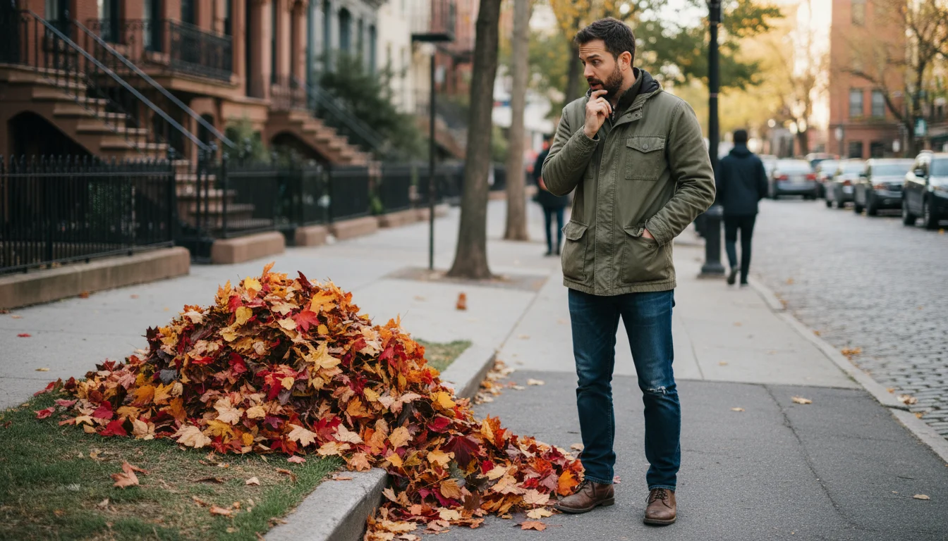 A person stands on an urban sidewalk, thoughtfully observing the ground near a pile of autumn leaves.