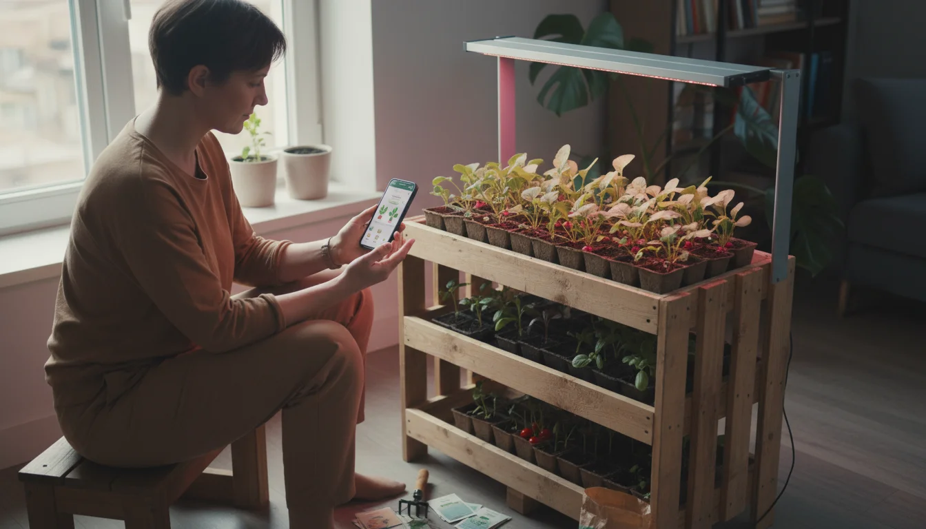 Person on a stool researching gardening on a phone next to a DIY seed shelf with young seedlings in an apartment.