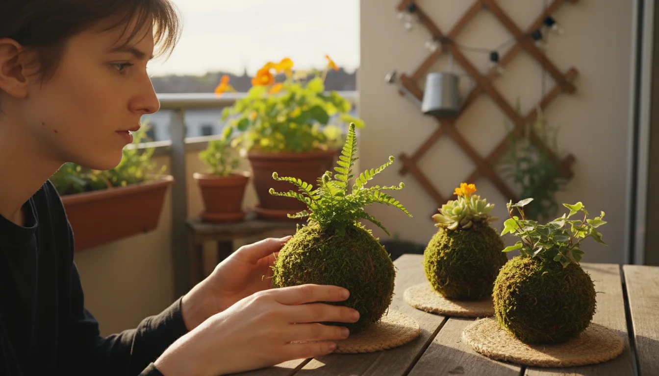 Person on a sun-dappled balcony gently turning a kokedama with a fern, surrounded by other kokedama and small plants on a wooden table.
