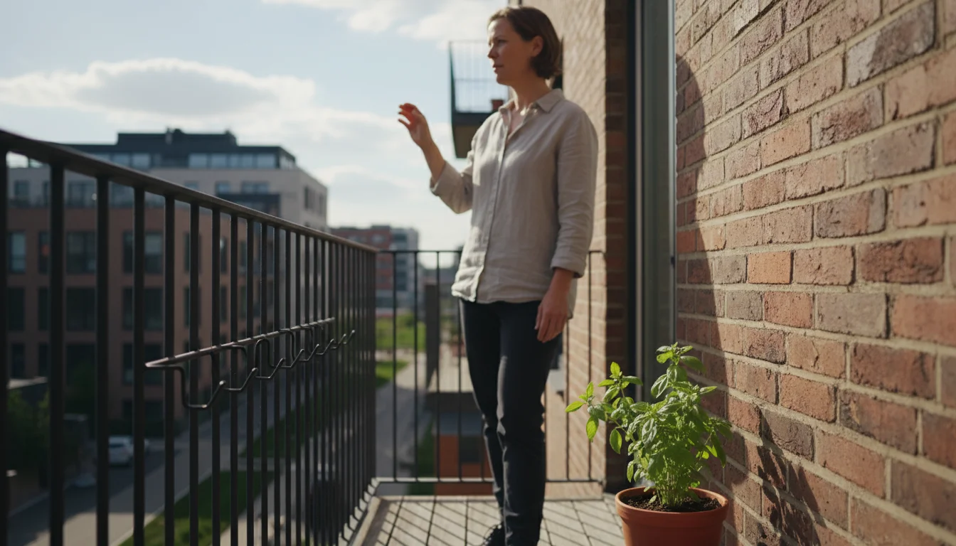 Person on a sun-dappled urban balcony observing light patterns on a brick wall, a potted basil plant gently rustling in the breeze.