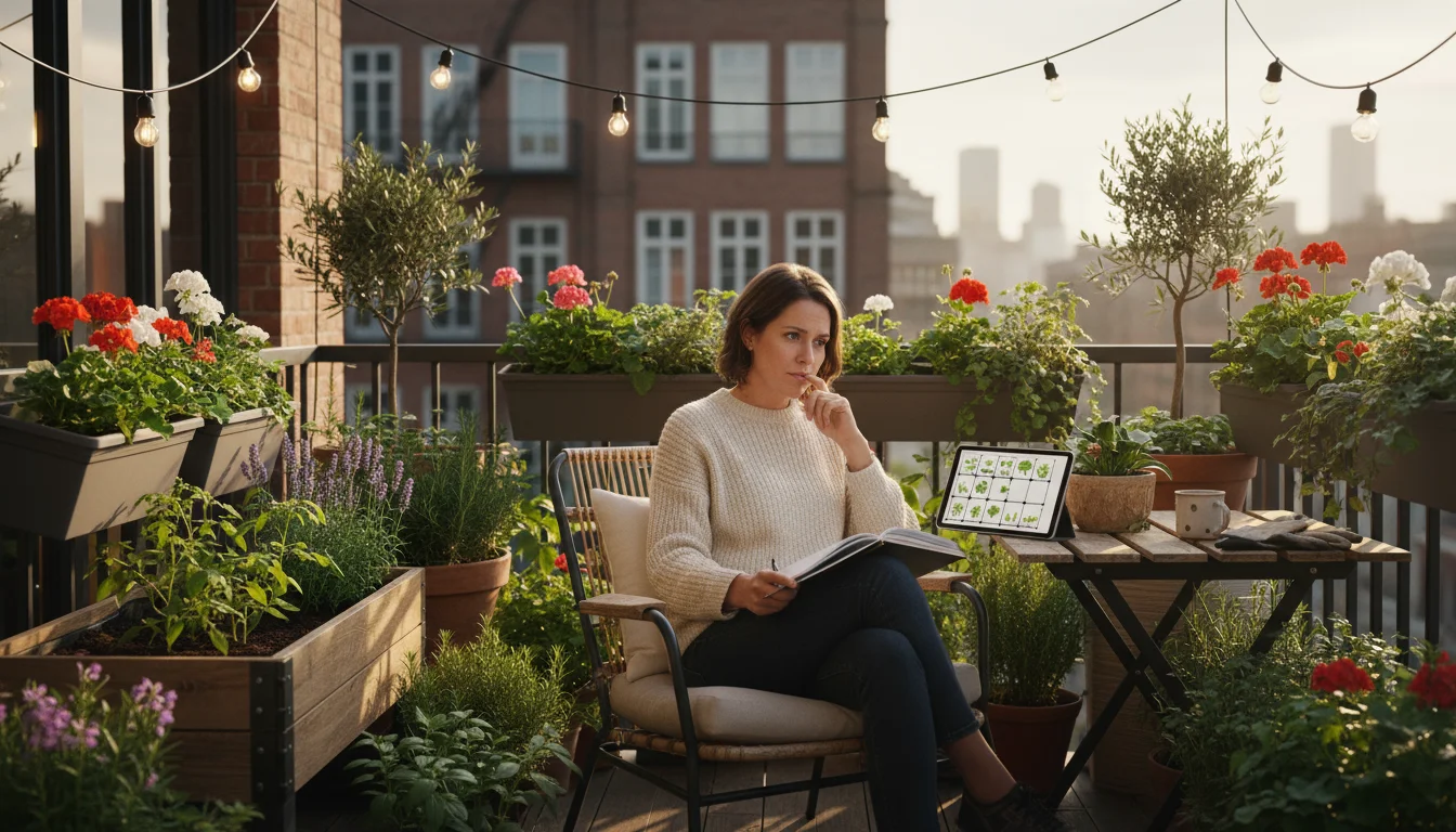 Person on a sunlit balcony planning a container garden on a tablet, surrounded by various thriving potted plants.