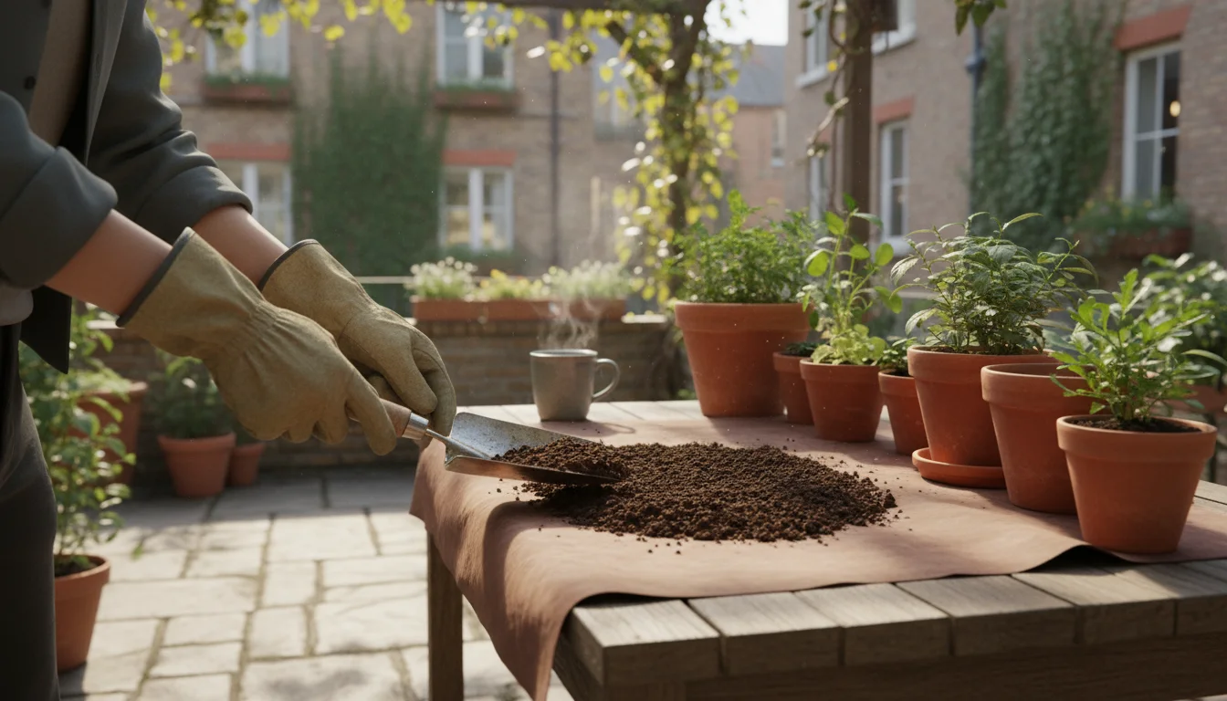 Person on a sunlit patio gently scraping dark, rich worm compost from a small pile on a tarp, with visible worms burrowing down.