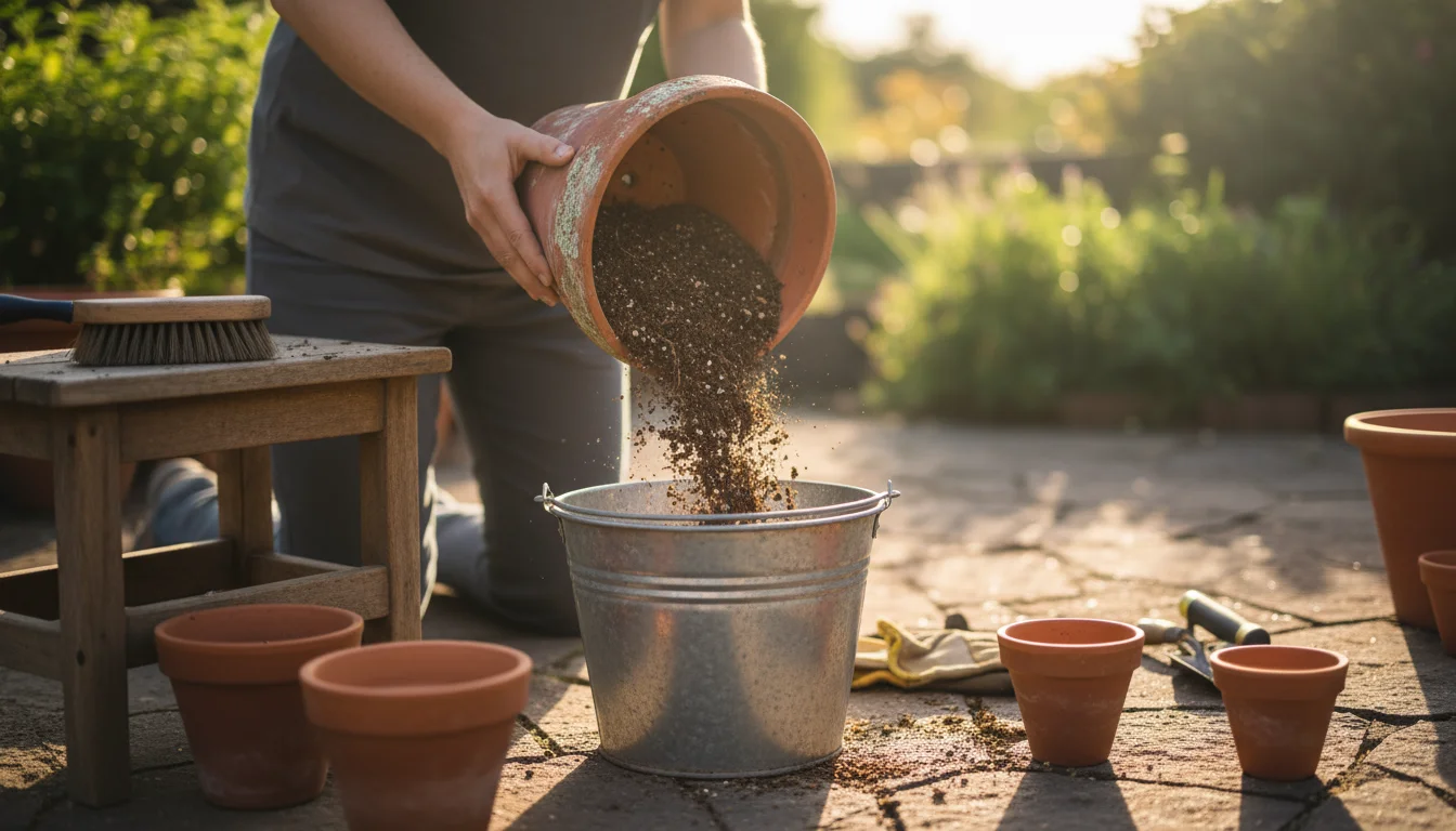 A person on a sunlit patio gently tips an old terracotta pot, emptying dry soil and roots into a bucket. A stiff brush and stacked clean pots are visi