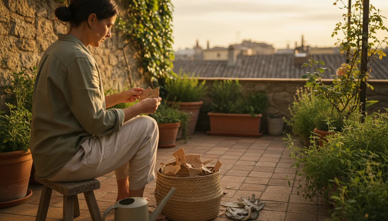 A person on a sunlit small patio preparing brown composting materials like shredded cardboard, dry leaves, and newspaper, artfully arranged in baskets