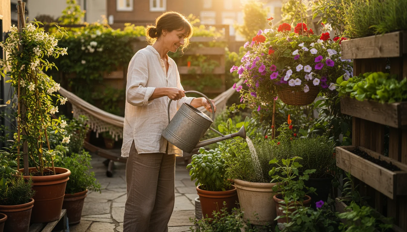 Person in a sunlit urban patio garden gracefully watering a hanging planter with a 2-gallon can, navigating dense pots.