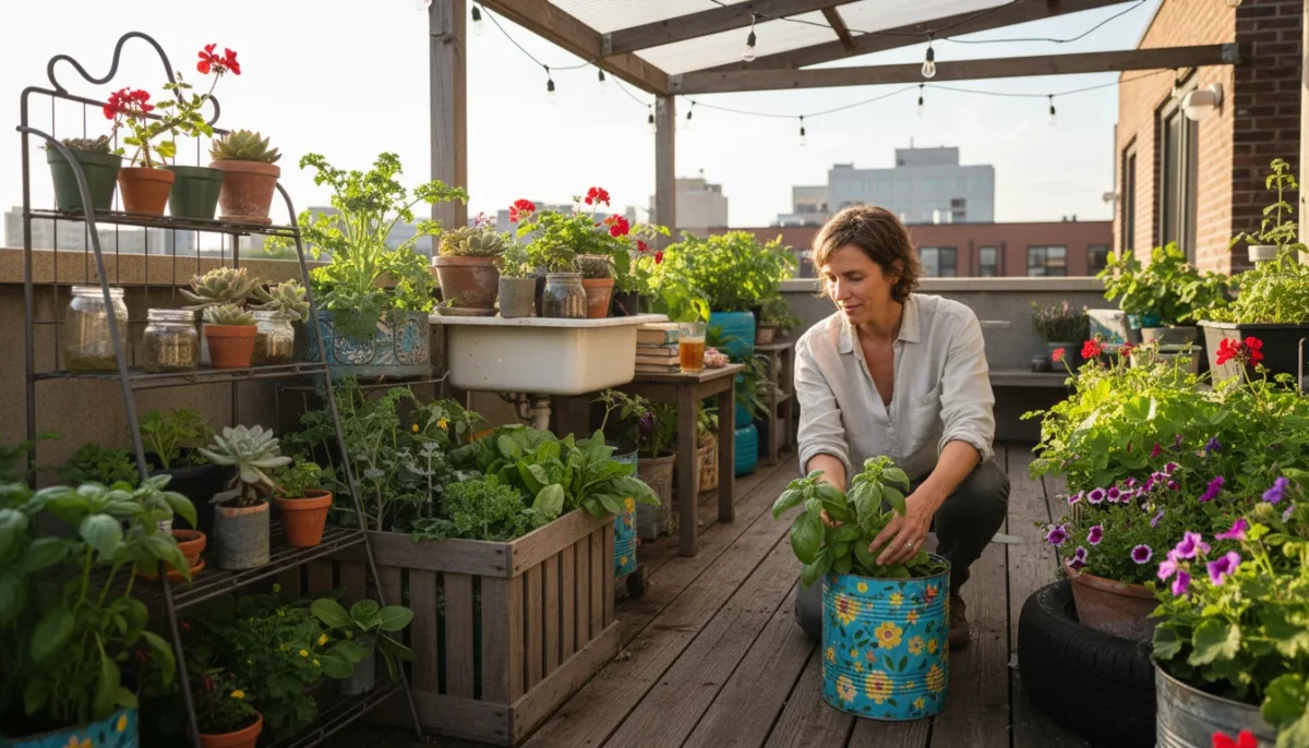 A person on a sunlit urban patio gently touches basil in a painted tin can amidst diverse upcycled container gardens.