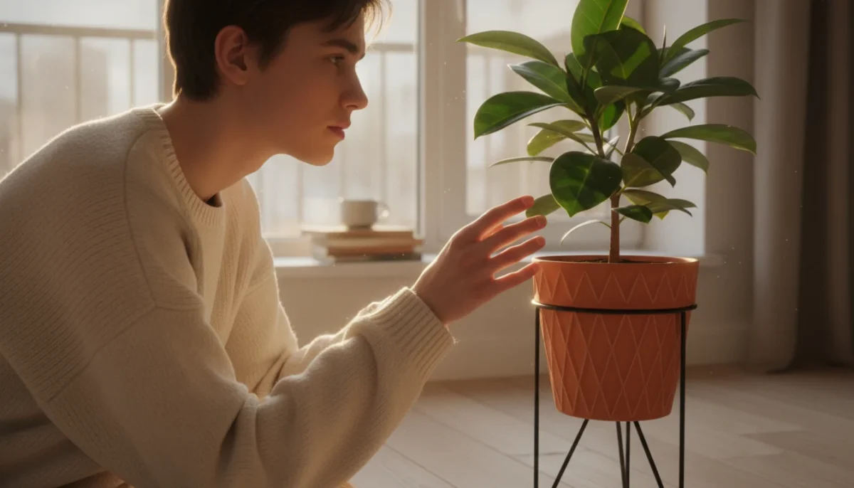 A person by a sunny apartment window intently observing a small Ficus tree, with light and shadow playing on its leaves.