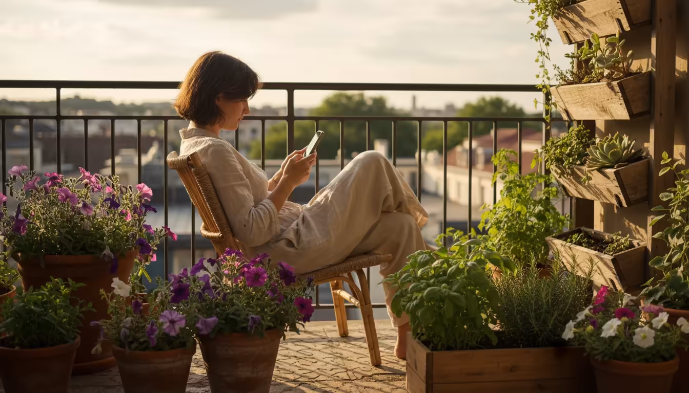 A person on a sunny balcony engrossed in a smartphone, surrounded by diverse container plants, some looking tired.