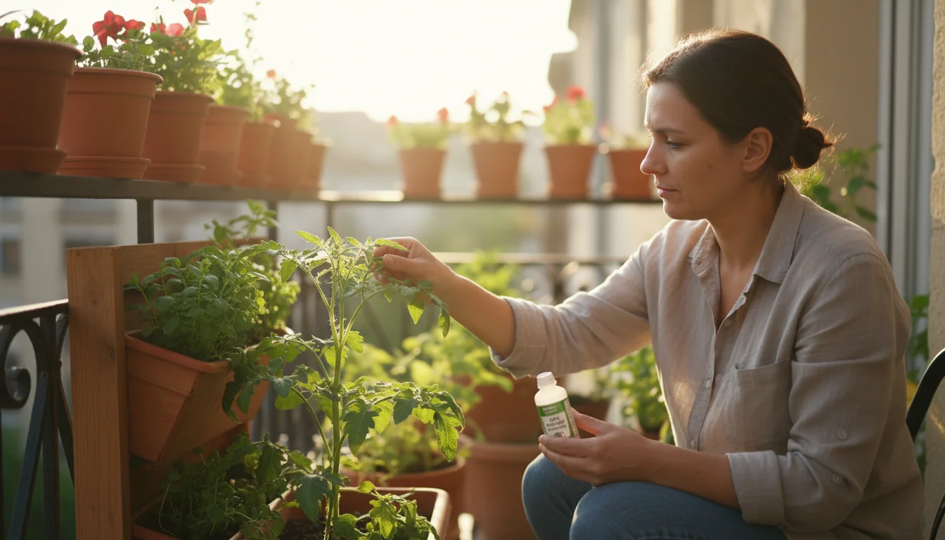 Person on a sunny balcony carefully inspecting a container tomato plant while holding liquid fertilizer, with other potted plants in background.