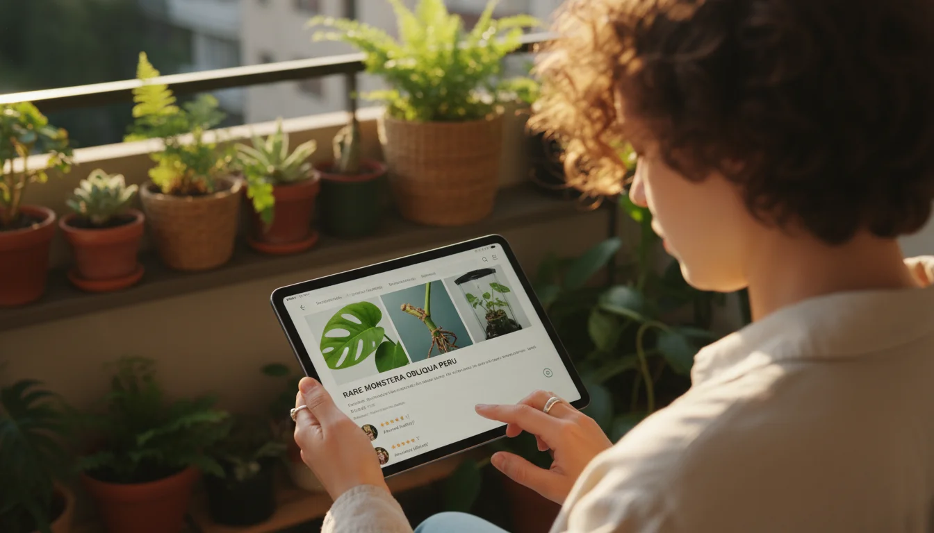 Person on a sunny balcony intensely examining a rare houseplant's online listing on a tablet, showing detailed photos and reviews.
