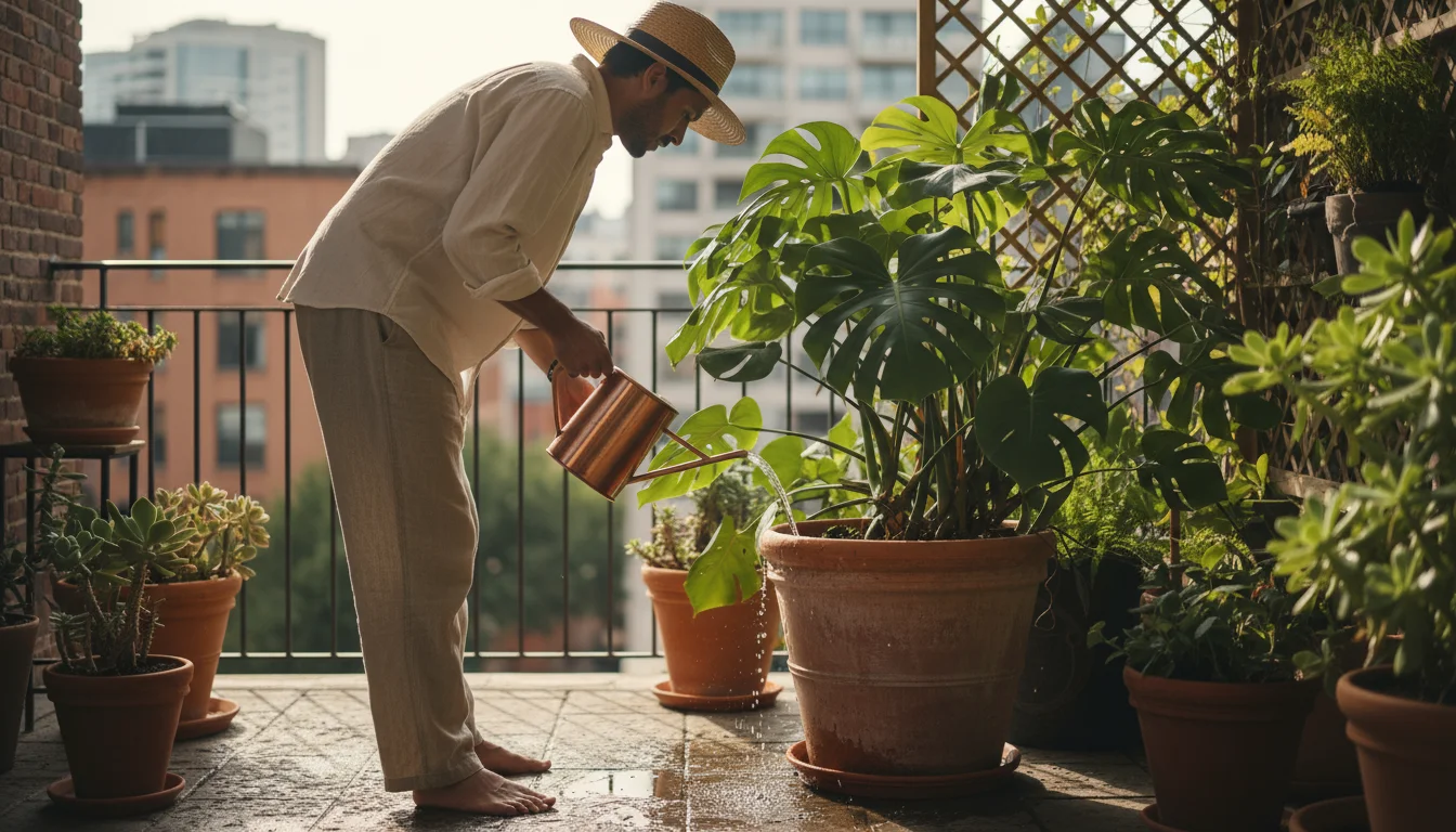 Person on a sunny balcony waters a Monstera, water visibly draining from the terracotta pot onto the stone pavers, with other rare houseplants in cont