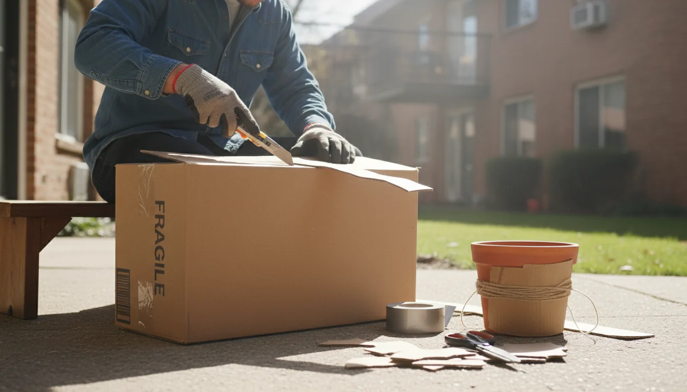 Person on a sunny patio cuts corrugated cardboard. A terracotta pot with a partial cardboard collar sits nearby with tape and twine.