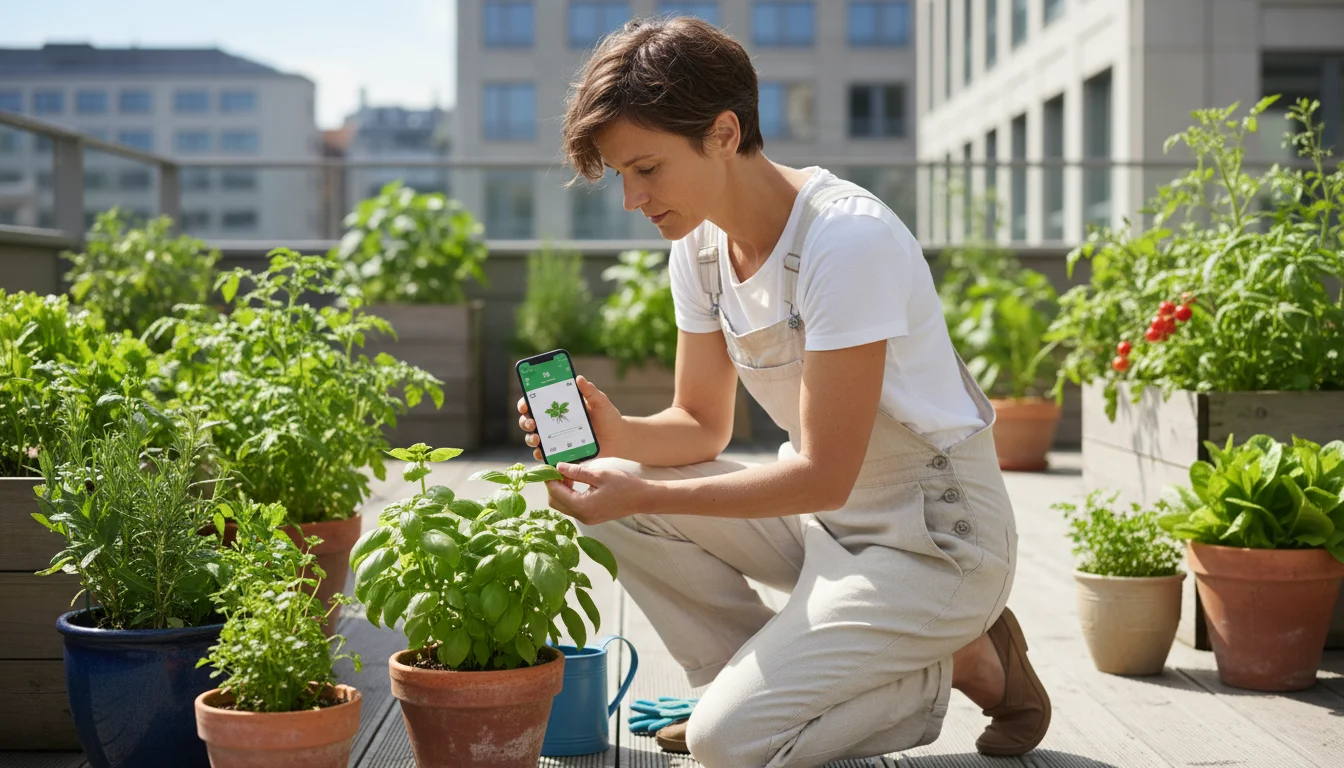 A person on a sunny patio gently examines a container basil plant, displaying subtle signs of pests, while referencing a gardening app on their phone.