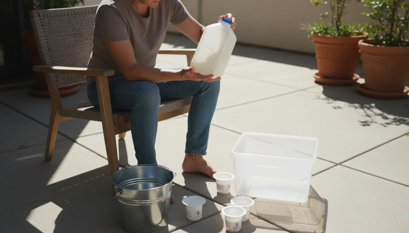 Person on a sunny patio inspecting a milk jug's recycling symbol (#2) amidst various potential upcycled containers like metal buckets and yogurt tubs.