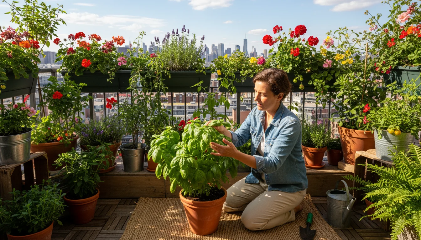 A person on a sunny urban balcony diligently inspecting the leaves of a potted plant amidst a thriving container garden.