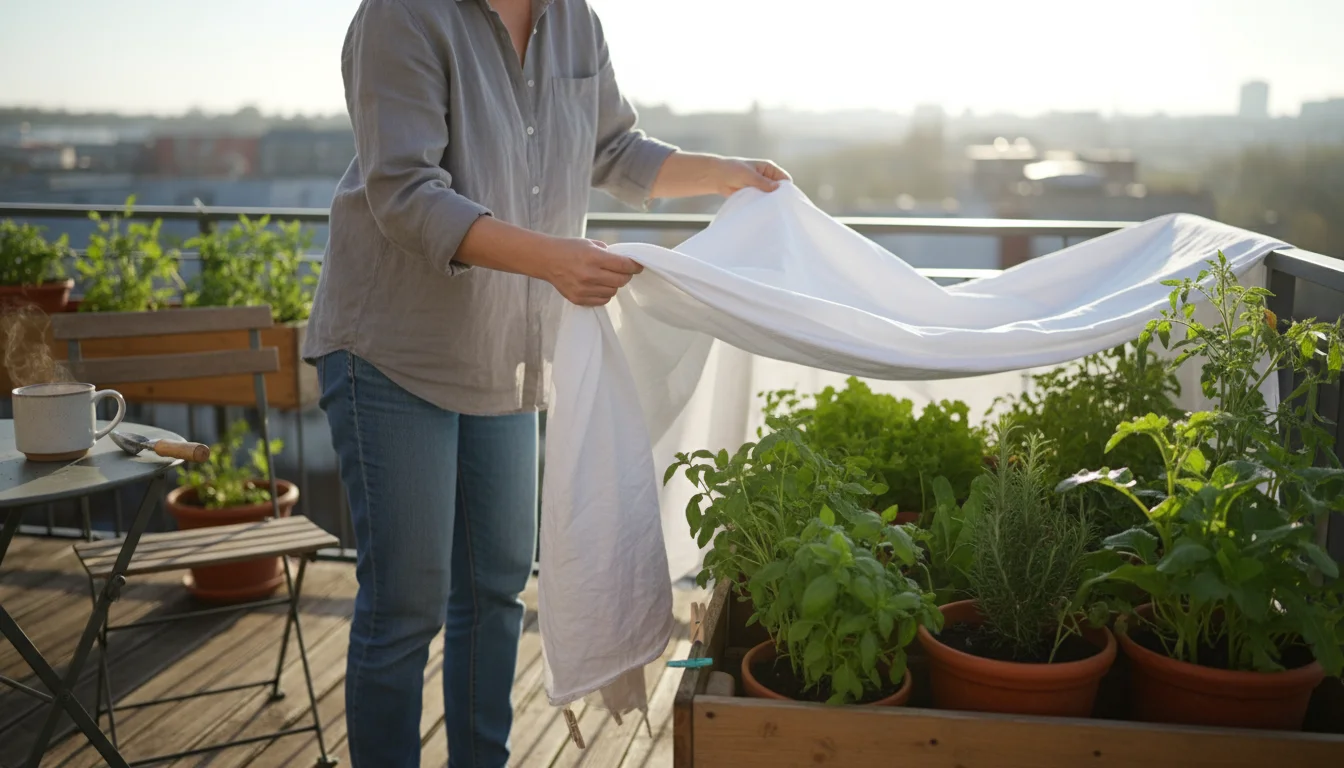 Person on a sunny urban balcony gently folds a white sheet just removed from vibrant container herbs and vegetables.