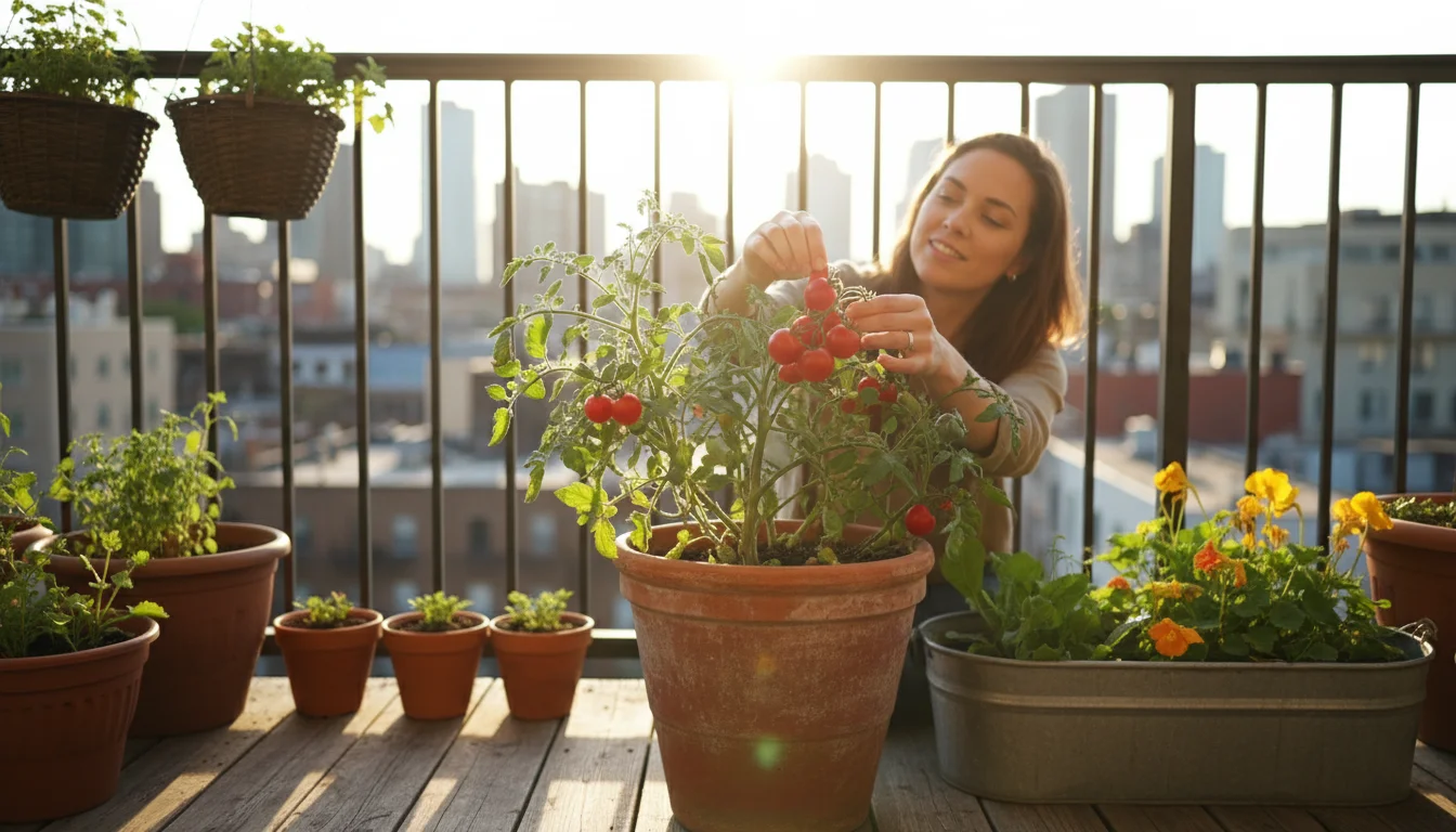 Person on sunny urban balcony picking ripe cherry tomato from a container plant, terracotta pot visible, satisfied smile.
