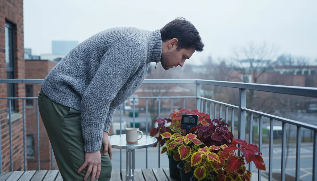 Person in a sweater checking a digital thermometer amidst potted coleus and herbs on a small, overcast balcony in late afternoon.