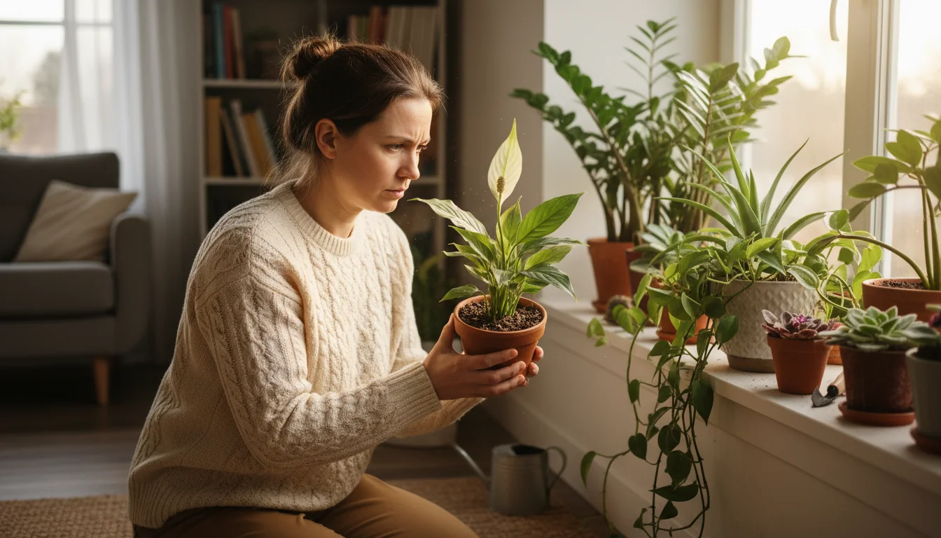 Person in a sweater kneels by a windowsill, thoughtfully examining a peace lily in a terracotta pot among other thriving houseplants.