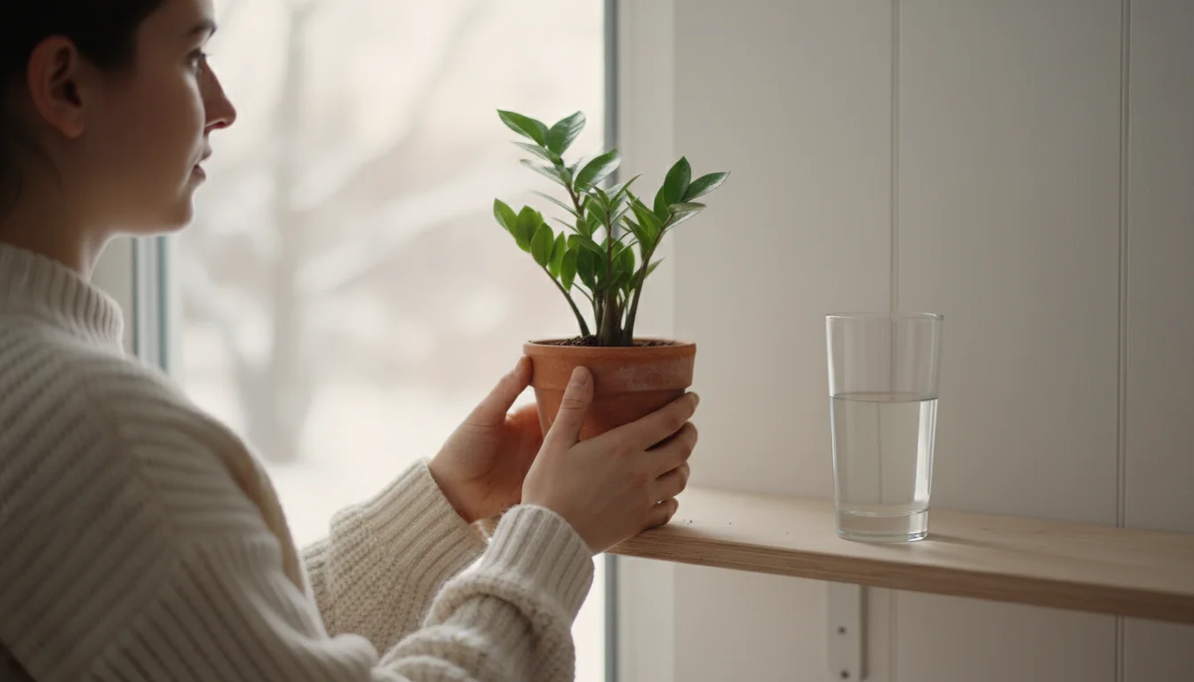 Person in a sweater carefully lifts a small potted ZZ plant next to a window, assessing its weight for watering.