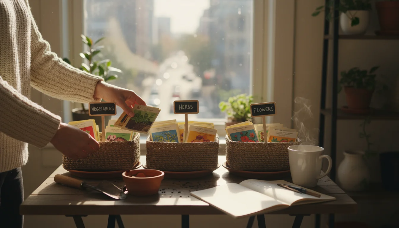 A person in a sweater organizes seed packets by type (vegetables, herbs, flowers) on a small wooden table in an urban apartment.