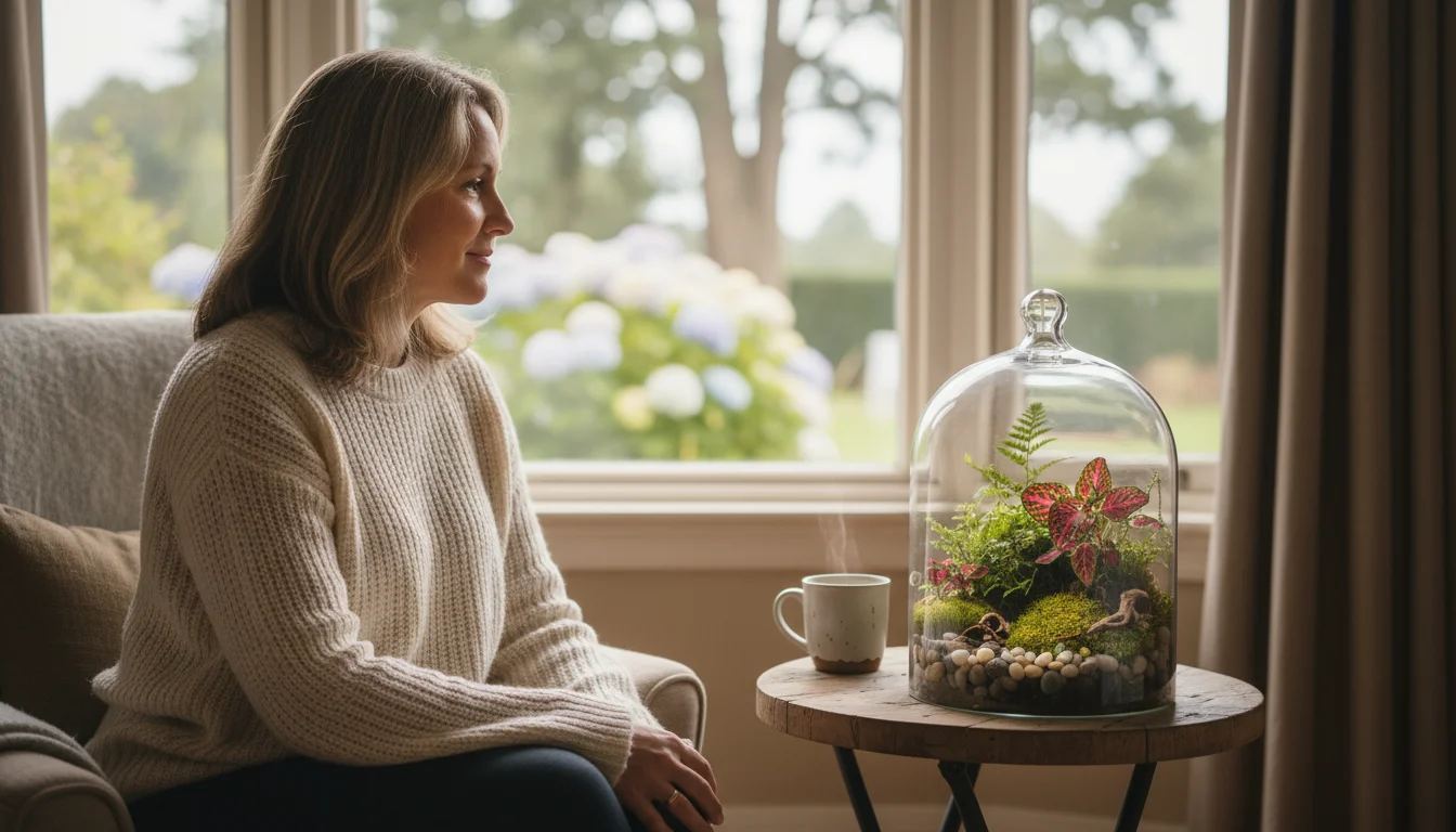 A person in a sweater sits by a window, admiring a vibrant, planted tabletop terrarium on a wooden side table. Winter garden visible outside.