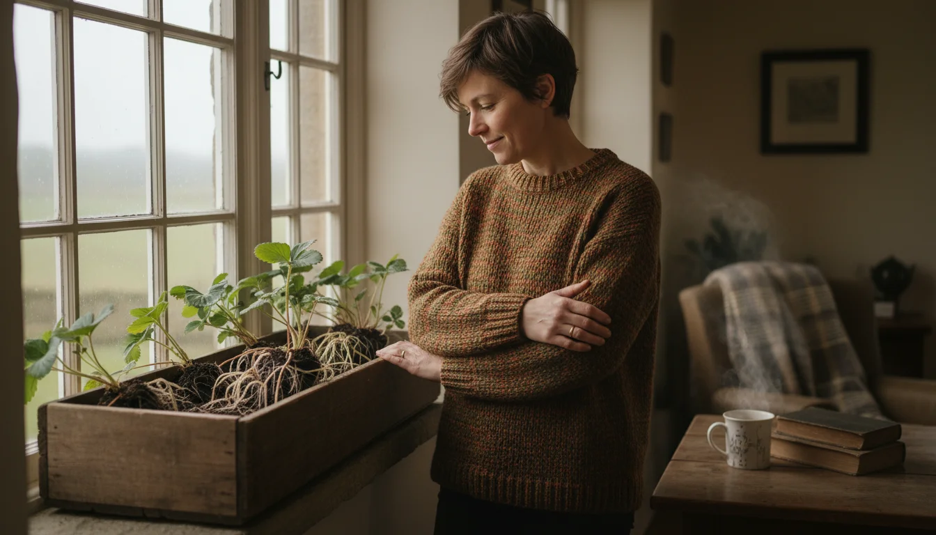 A person in a sweater thoughtfully observes young strawberry plants growing in an outdoor window box from inside their home.