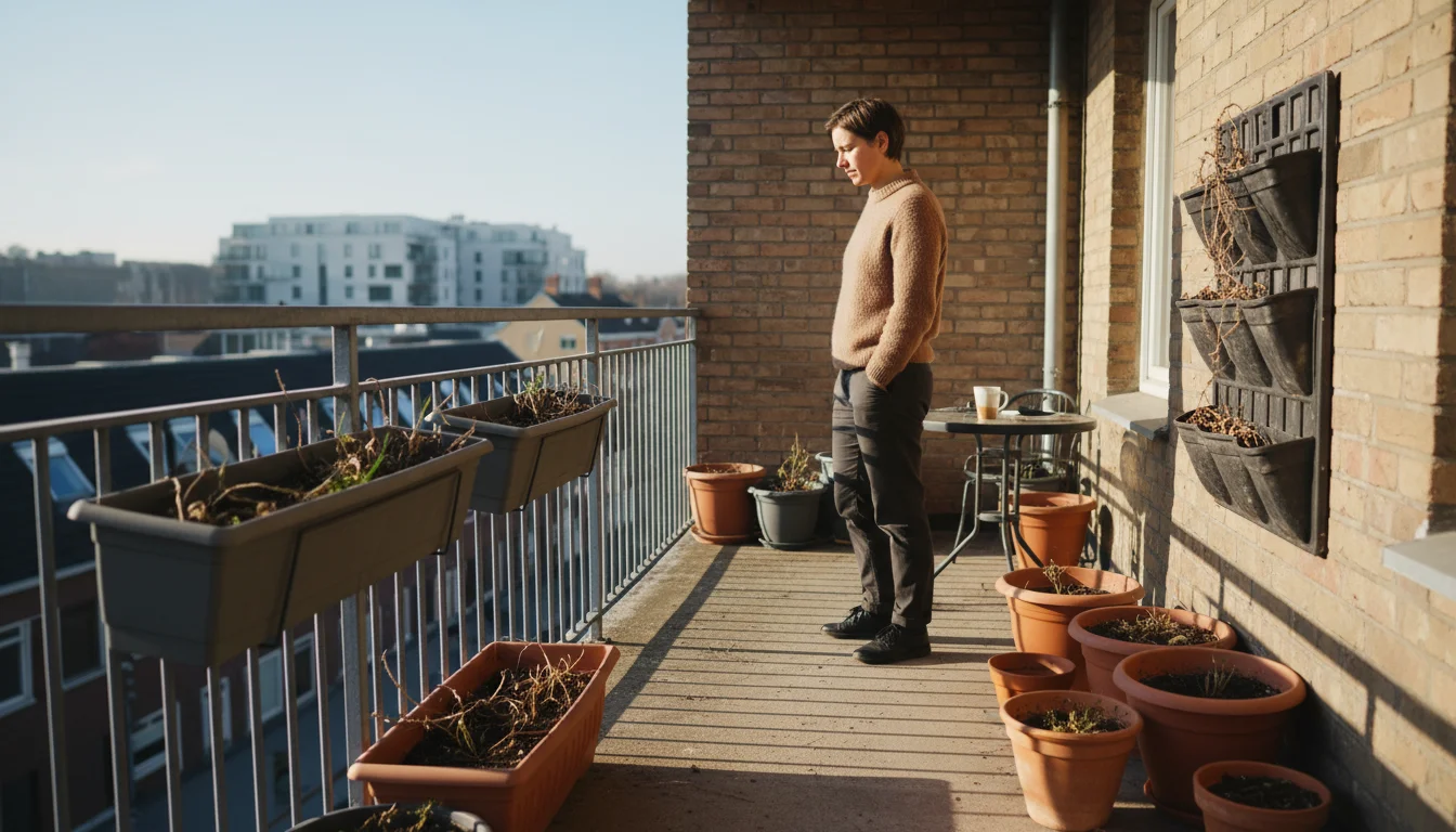 A person in their 30s observes sun and shadow patterns across empty and partially planted containers on an urban balcony.