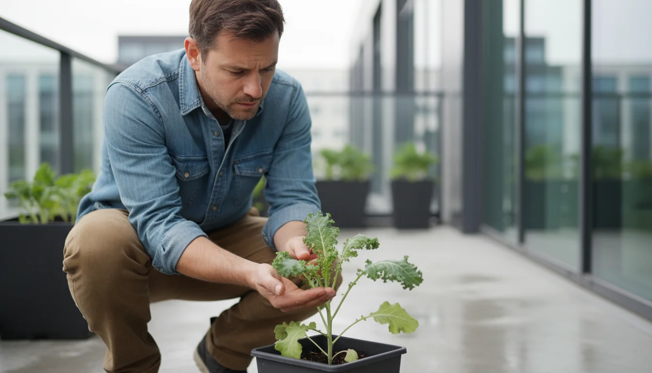 A person with a thoughtful expression closely examines a kale plant in a container on a balcony, noting subtle curled leaves.