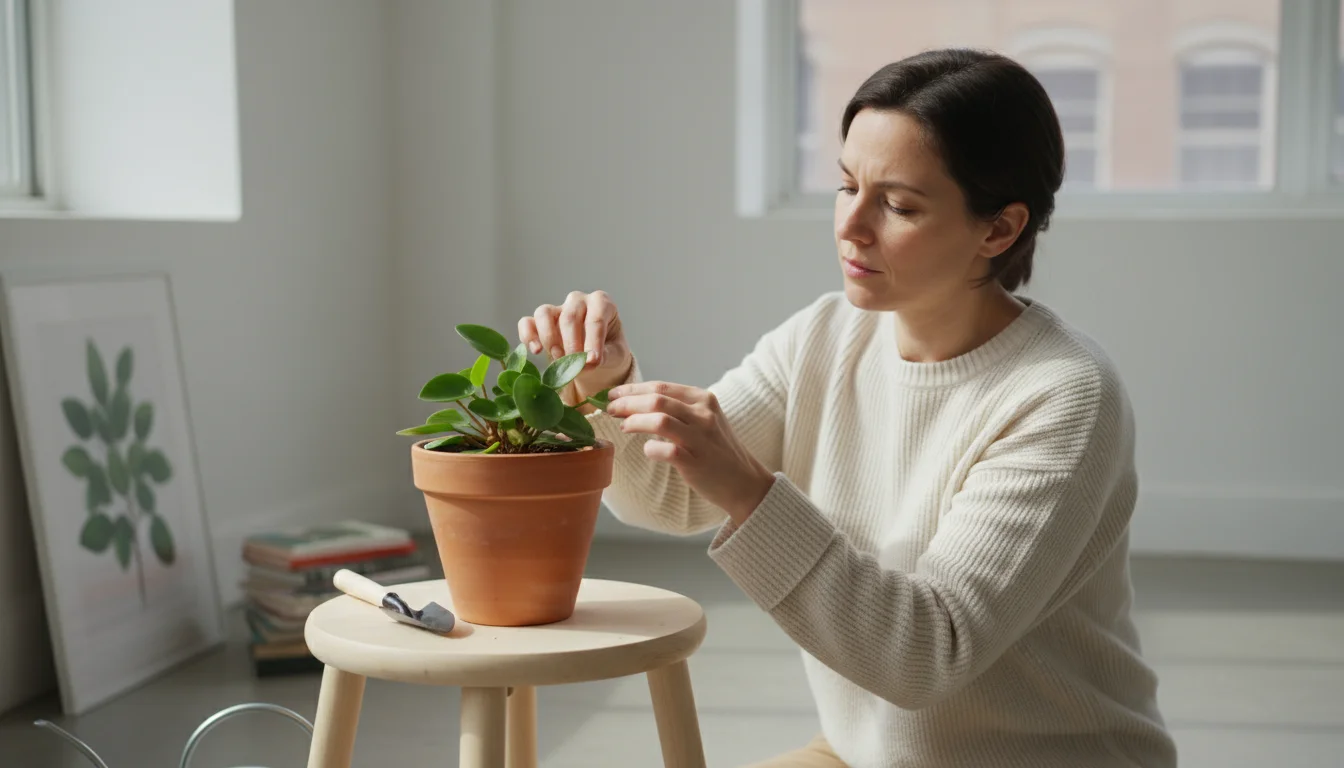 A person with a thoughtful expression intently examines the soil of a small Peperomia plant in a terracotta pot on a wooden stool indoors.