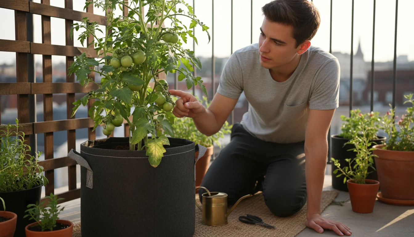 A person with a thoughtful expression kneels, inspecting a container tomato plant on an urban balcony, pointing at developing fruit or a leaf.