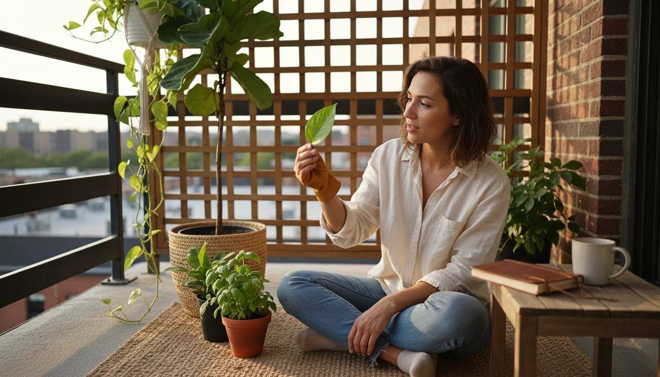 A person with a thoughtful expression looks at a glossy Fiddle Leaf Fig leaf on a sunlit balcony, holding a tablet displaying a gardening article, sur