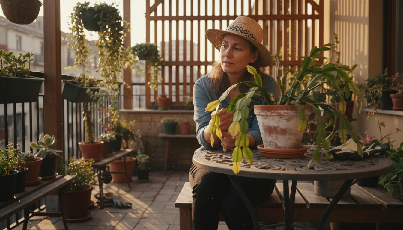 A person with a thoughtful expression gently touches a slightly droopy Christmas cactus in a terracotta pot on a balcony.