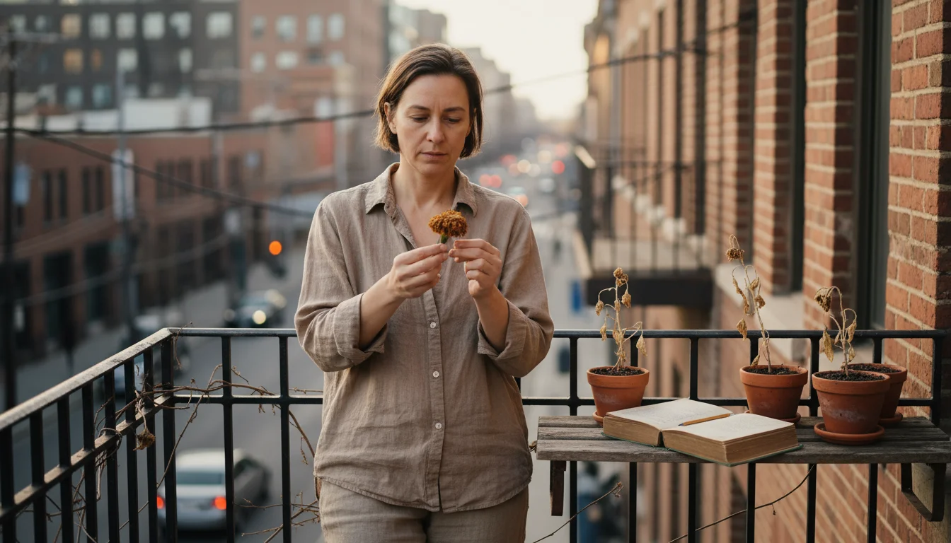 A person thoughtfully examines a dried marigold on a small urban balcony, with neatly organized seed packets and jars on a shelf, bathed in warm sunli