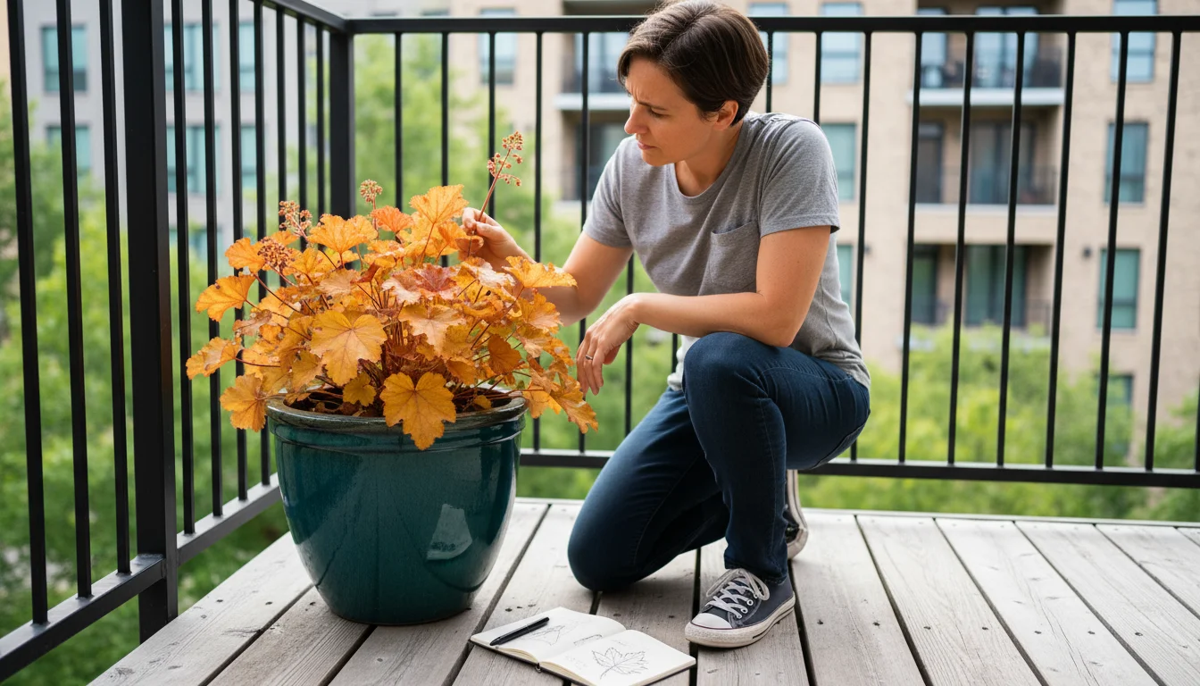 A person thoughtfully examines a Heuchera plant in a ceramic pot on a small patio, with a gardening notebook nearby.