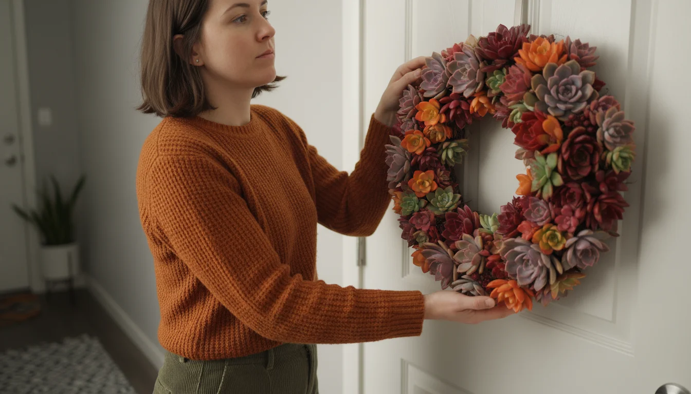 Person thoughtfully holds a fall succulent wreath against an apartment door, assessing its placement near a small terracotta pot with a chrysanthemum.
