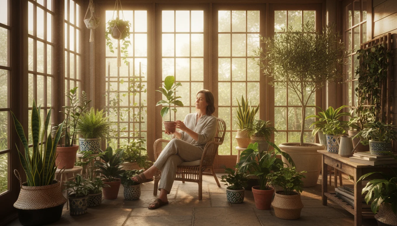 Person thoughtfully examining an indoor fig tree surrounded by diverse houseplants and a gardening journal in a cozy, sunlit porch.