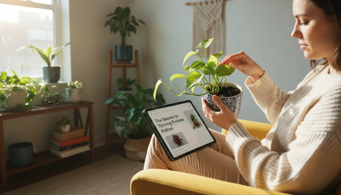 A person thoughtfully inspecting the soil of a Pothos houseplant while reading a gardening article on a tablet, surrounded by various container plants